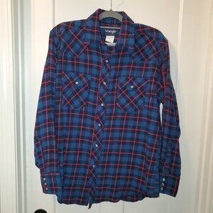 Wrangler Men's Large Pearl Snap Long Sleeve Blue/Red Plaid Flannel Shirt